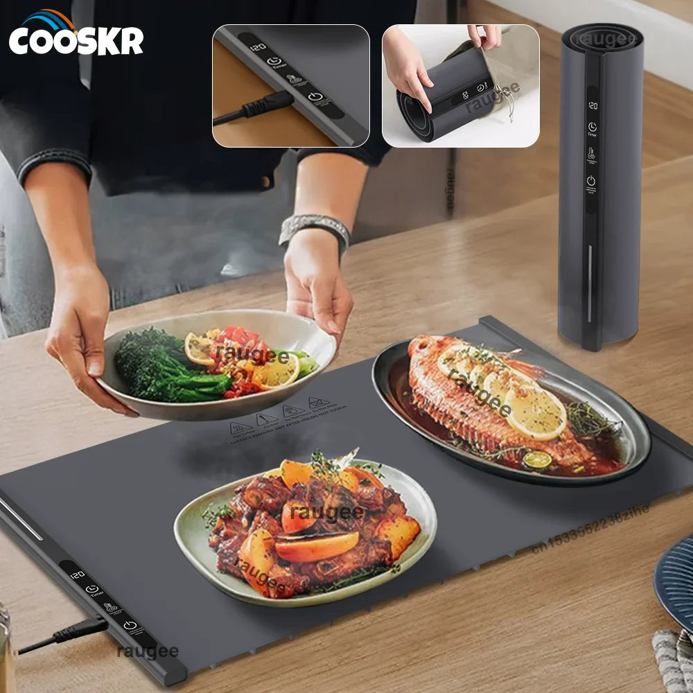 Electric Food Warmer Plate Foldable Warming Tray Plate Warmer Mat Food Fast Heating Portable Electric Warming Tray 8 Tem Setting