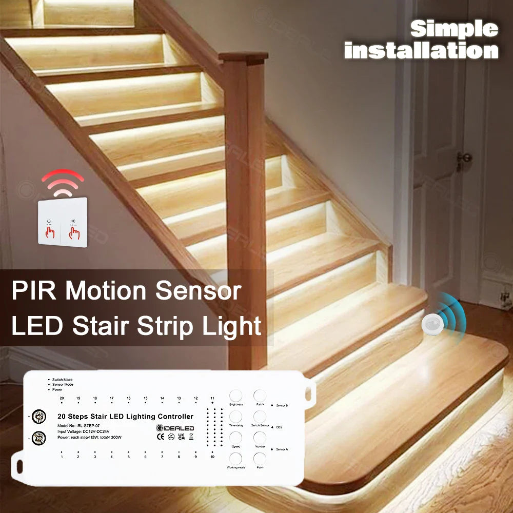Smart Sensor Stair Light – 20-Step PIR Infrared LED Strip, Wireless & Dimmable"