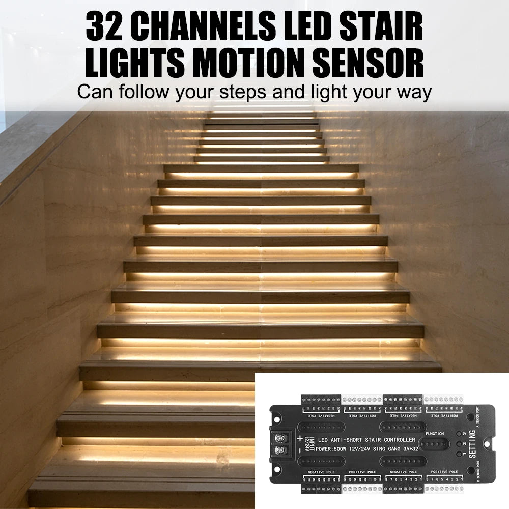 Stair Light Controller Kit 32 Channels LED Motion Sensor DC 12V 24V Adjustable Brightness For Stairs Flexible Strip