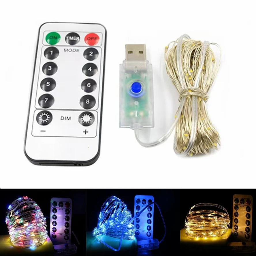 20m 10m Remote Control 8 Function LED Fairy Lights USB String Lights Christmas Garland New Year Wedding Party Garden Decoration