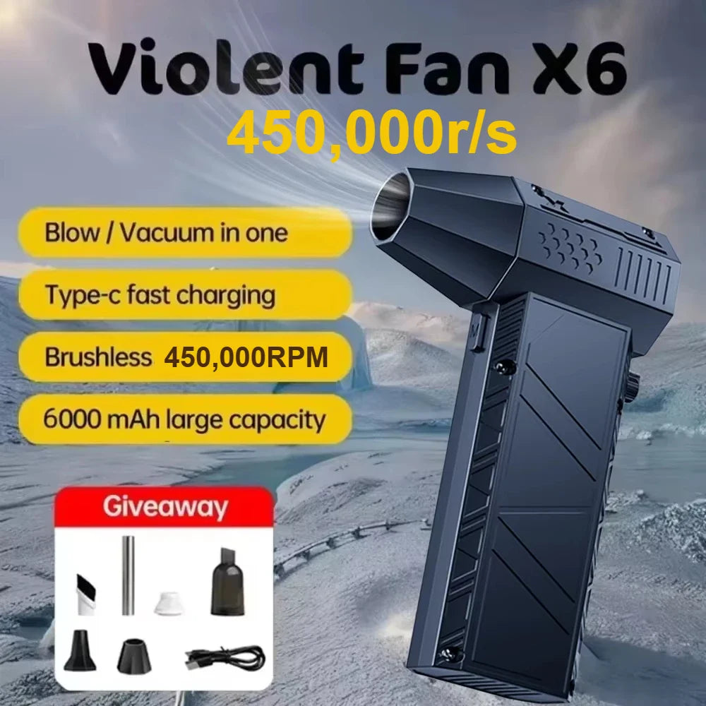 450,000RPM X6 Air Blower – Powerful Dust Vacuum Cleaner, Fast Charging, Brushless Fan for Car & Computer"