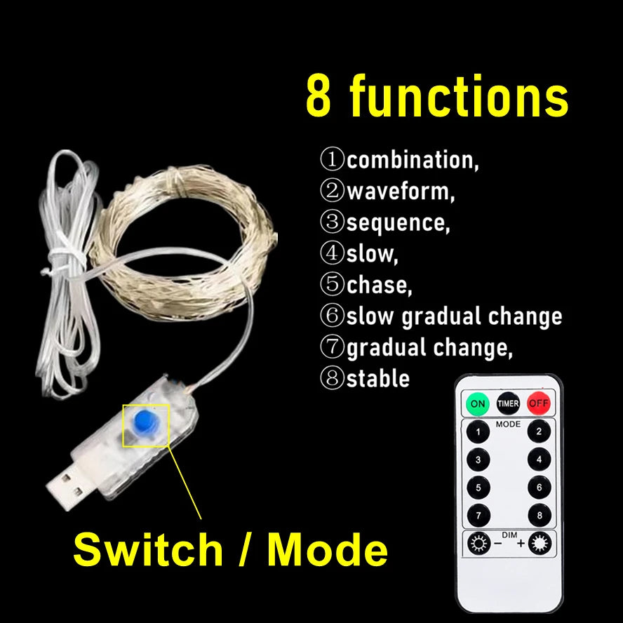 20m 10m Remote Control 8 Function LED Fairy Lights USB String Lights Christmas Garland New Year Wedding Party Garden Decoration