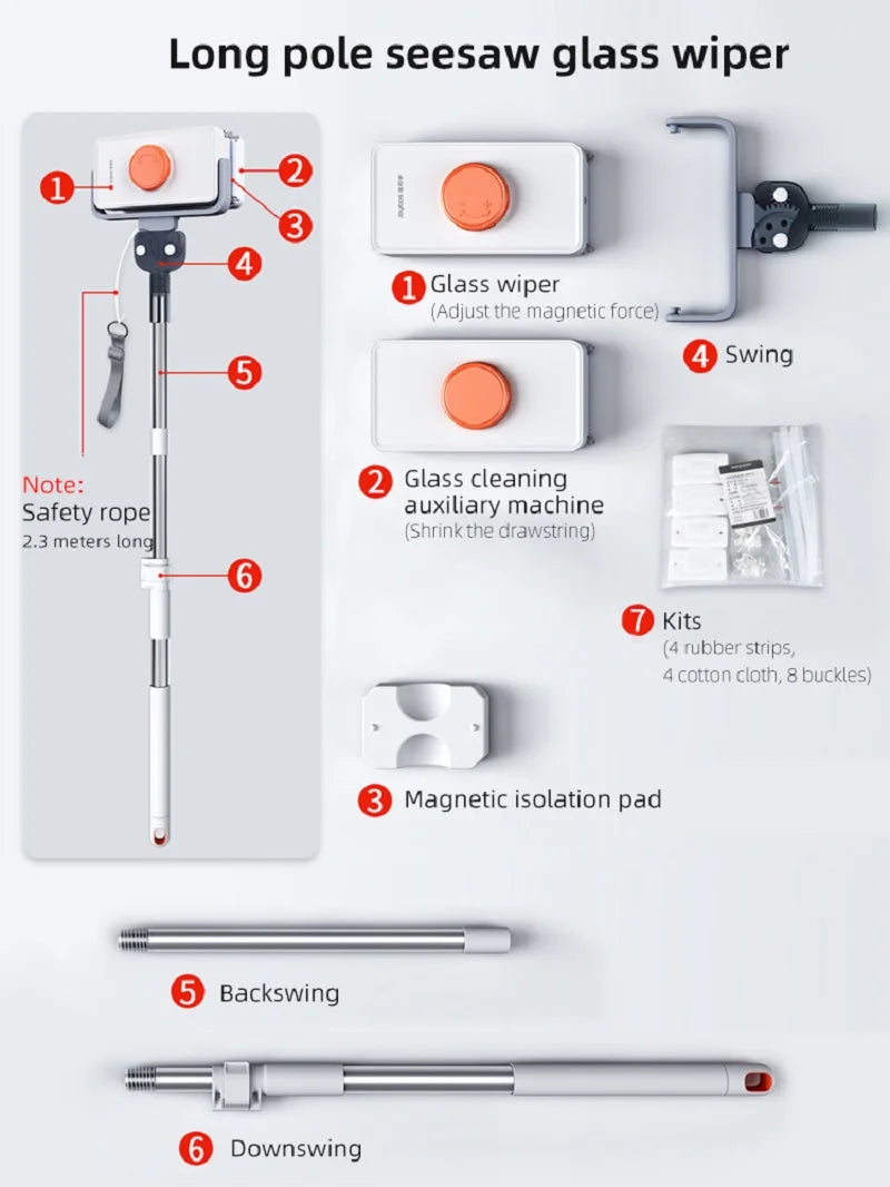 Professional Magnetic Window Cleaner – Double-Sided with Telescopic Rod"
