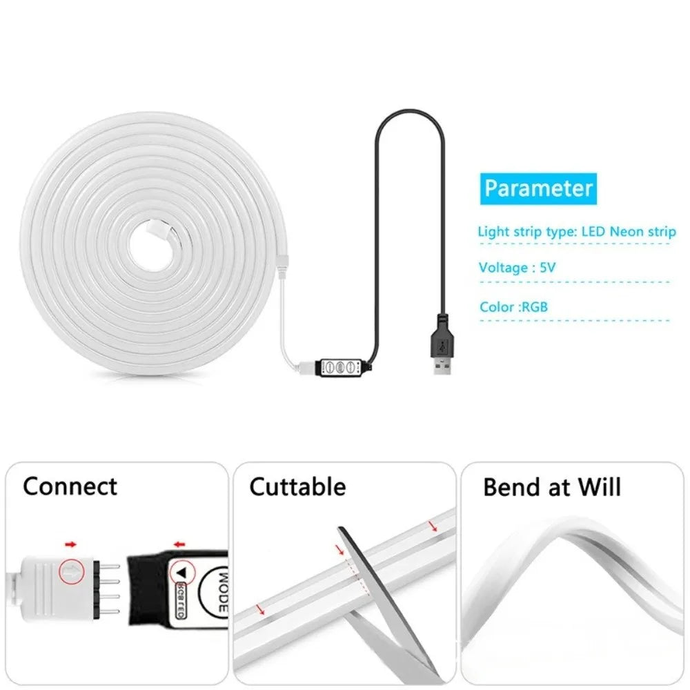 Smart Lights RGB Neon Strip 5V Power Waterproof Neon Strip Lights Remote Control App Control Flexible LED Strip Gaming Room