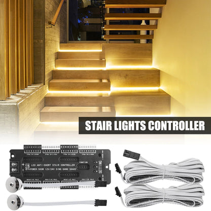 Stair Light Controller Kit 32 Channels LED Motion Sensor DC 12V 24V Adjustable Brightness For Stairs Flexible Strip