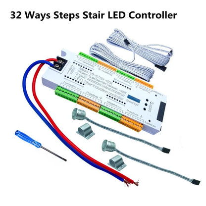 Stair PIR Motion Sensor LED Strip 12V SMD 5050 Lamp Tape + 32 Channels Staircase Step Controller + Power Supply + Connect Wire