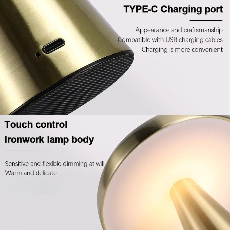 Rechargeable Table Lamp Bedroom Decoration Bar Living Room Bedside Mood Lights Touch Three Level Dimming Metal Mushroom Lamps