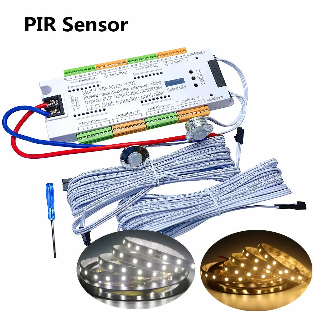 Stair PIR Motion Sensor LED Strip 12V SMD 5050 Lamp Tape + 32 Channels Staircase Step Controller + Power Supply + Connect Wire