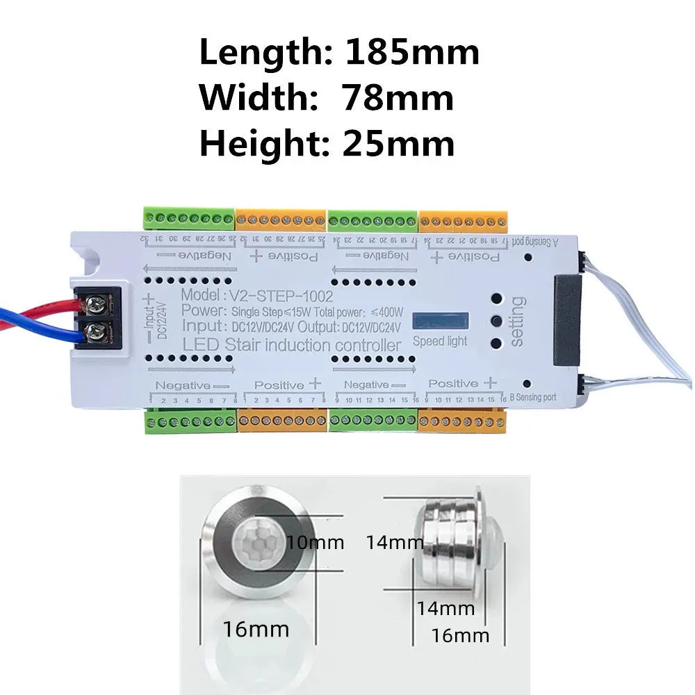 Stair PIR Motion Sensor LED Strip 12V SMD 5050 Lamp Tape + 32 Channels Staircase Step Controller + Power Supply + Connect Wire